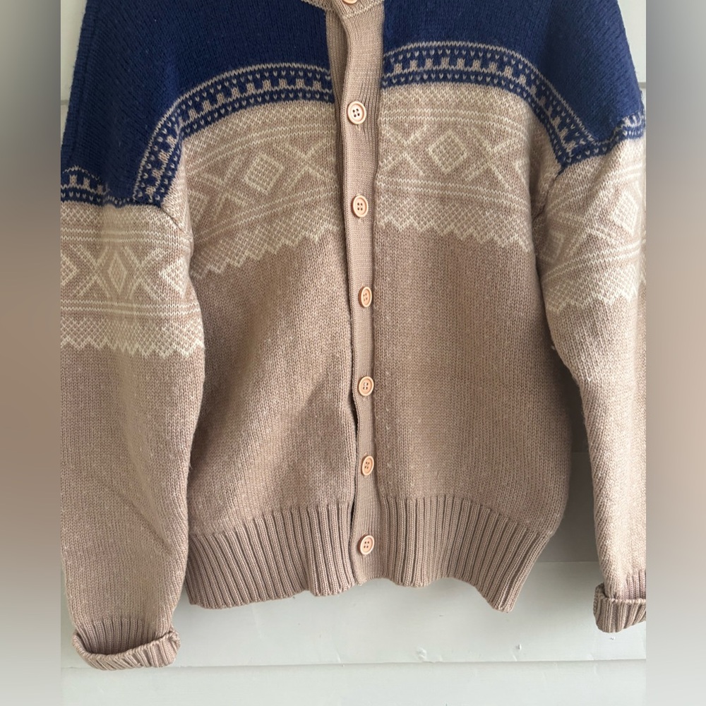 Vintage ARC Actionwear Men’s Beige and Blue Nordic Wool Cardigan Sweater Size L - Picture 7 of 11